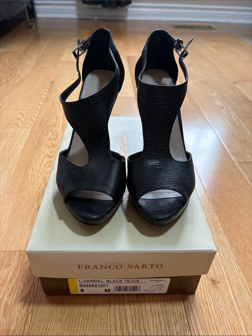 Franco Sarto Black Textured T-Strap Peep Toe Heels